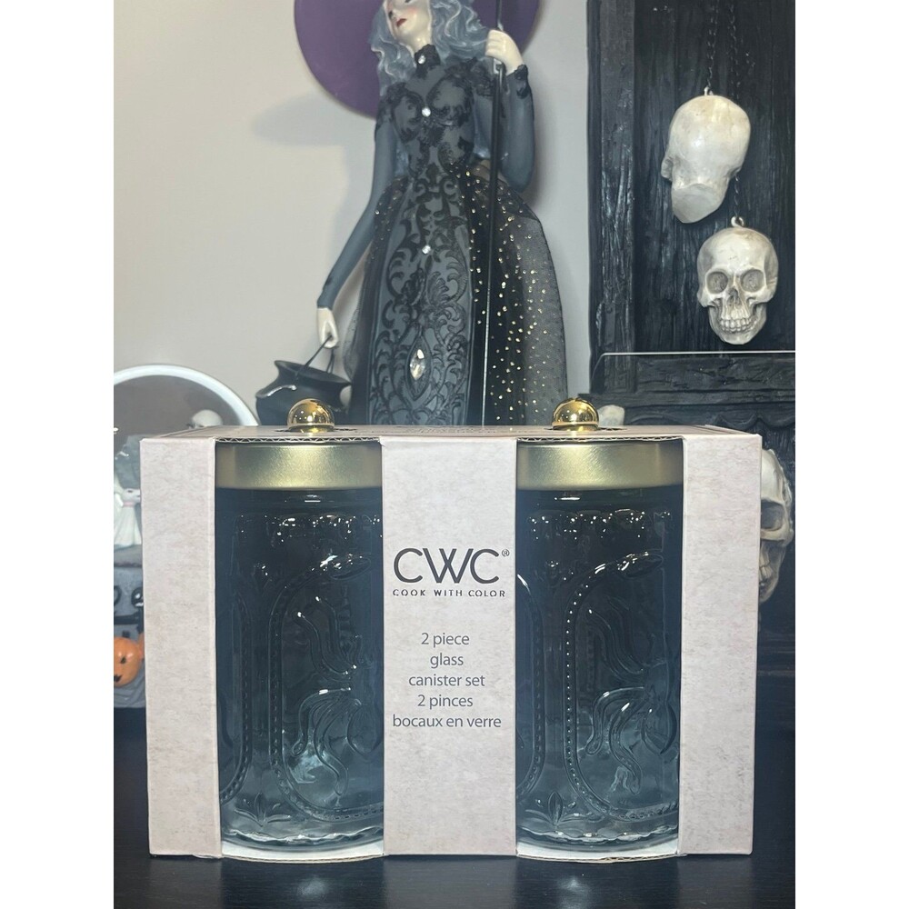 CWC Cook With Color Halloween Bats Skulls 2-Piece Blue Glass Canister Set